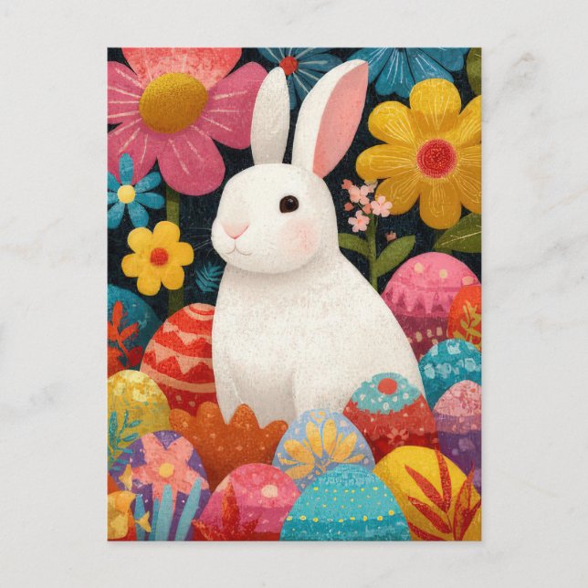 Postale Carte de Pâques avec fleurs et lapin de Pâques (Devant)