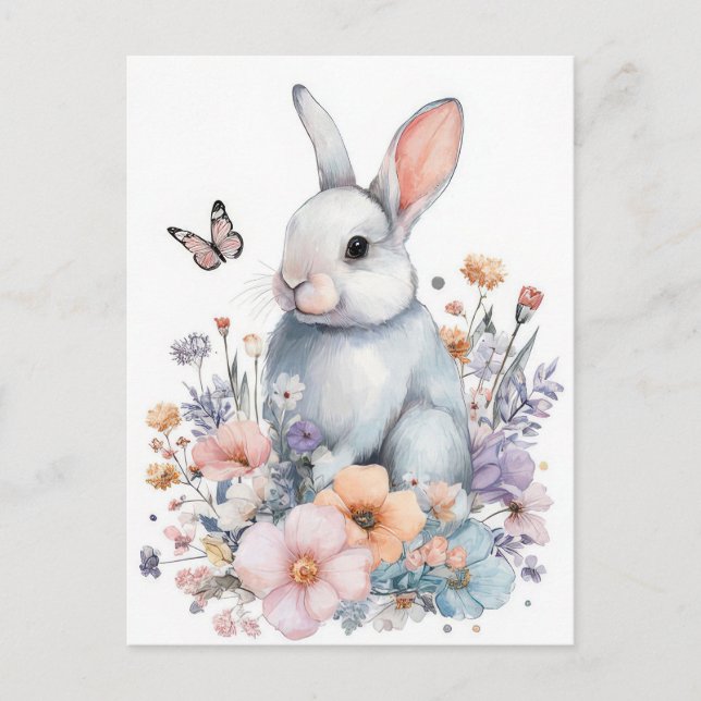 Postale Carte de Pâques avec fleurs et lapin de Pâques (Devant)