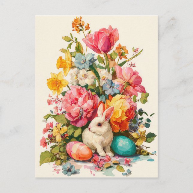 Postale Carte de Pâques avec fleurs et lapin de Pâques (Devant)