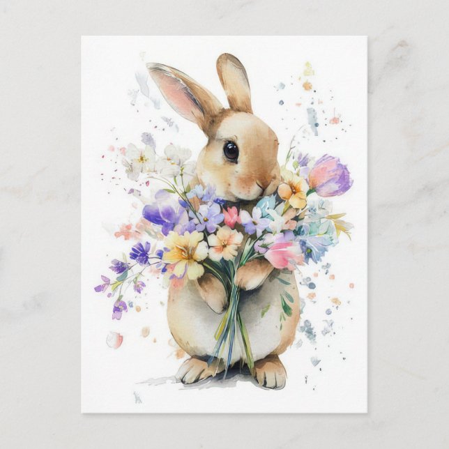 Postale Carte de Pâques avec fleurs et lapin de Pâques (Devant)