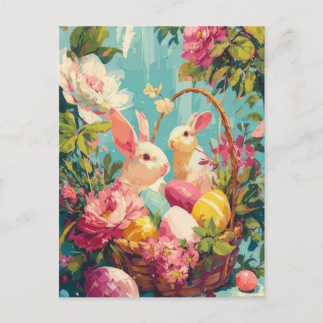Postale Carte de Pâques avec Fleurs et Lapin de Pâques (Devant)
