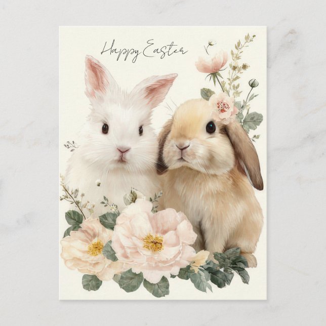 Postale Carte de Pâques avec Fleurs et Lapin de Pâques (Devant)
