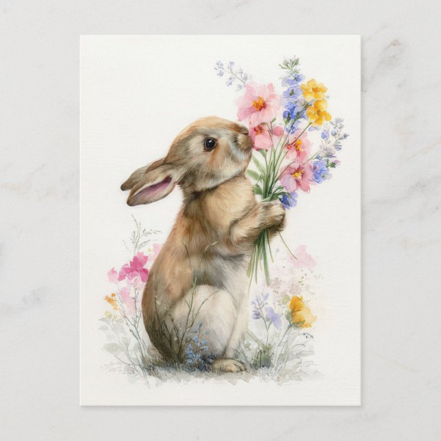 Postale Carte de Pâques avec fleurs et lapin de Pâques (Devant)