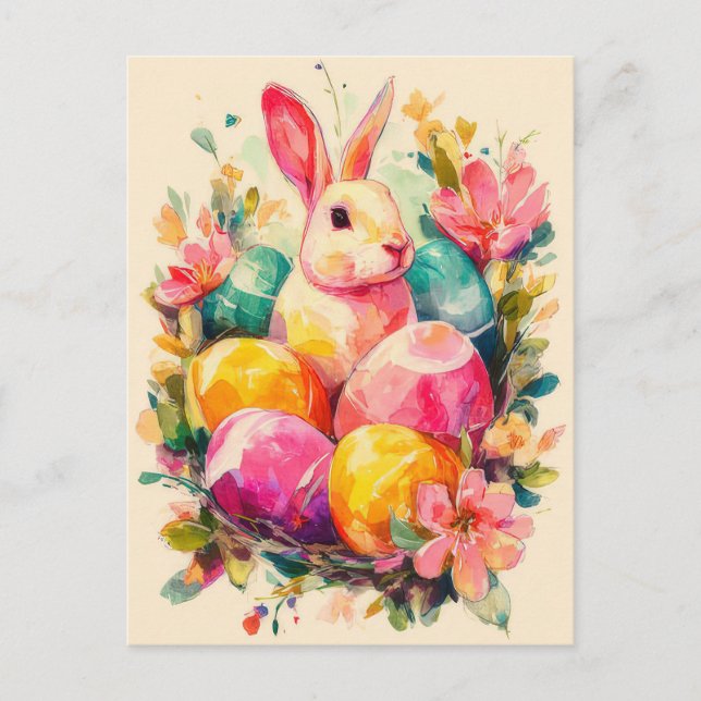 Postale Carte de Pâques avec fleurs et lapin de Pâques (Devant)