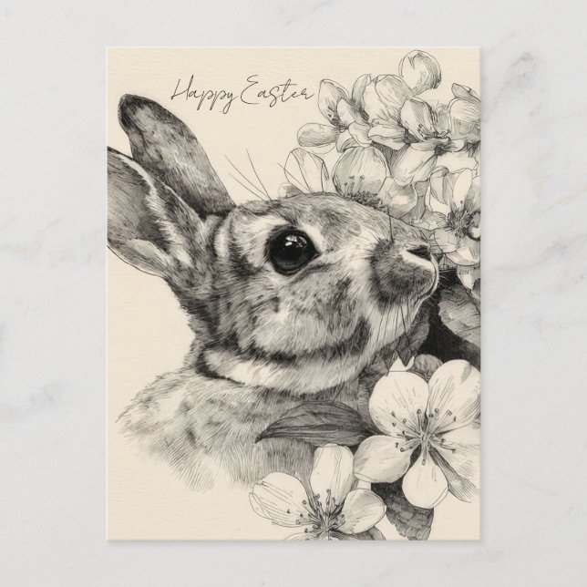 Postale Carte de Pâques avec Fleurs et Lapin de Pâques (Devant)