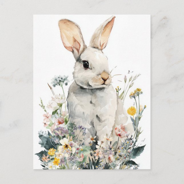 Postale Carte de Pâques avec fleurs et lapin de Pâques (Devant)