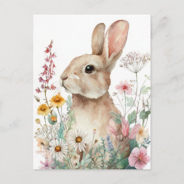 Postale Carte de Pâques avec Fleurs et Lapin de Pâques (Devant)