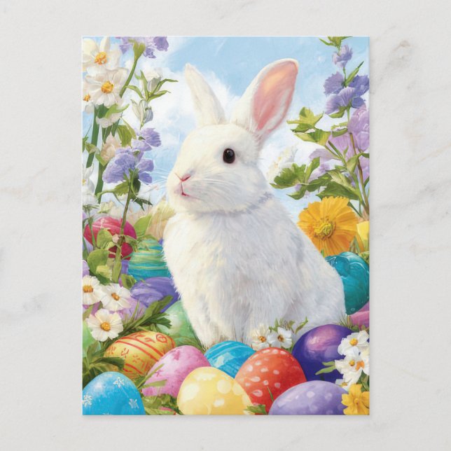 Postale Carte de Pâques avec fleurs et lapin de Pâques (Devant)