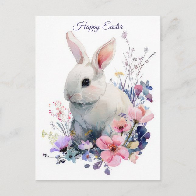 Postale Carte de Pâques avec fleurs et lapin de Pâques (Devant)