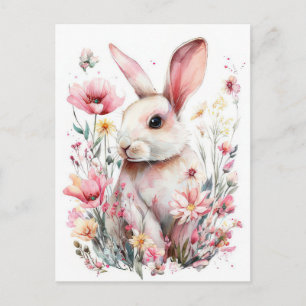 Postale Carte de Pâques avec fleurs et lapin de Pâques