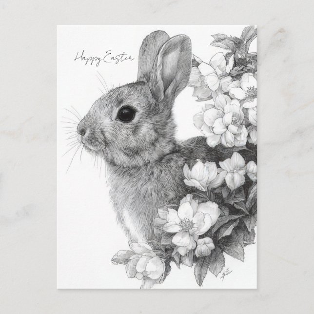 Postale Carte de Pâques avec fleurs et lapin de Pâques (Devant)