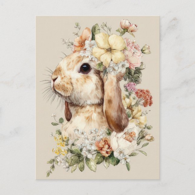 Postale Carte de Pâques avec fleurs et lapin de Pâques (Devant)