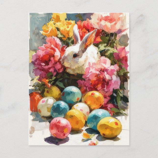 Postale Carte de Pâques avec fleurs et lapin de Pâques (Devant)