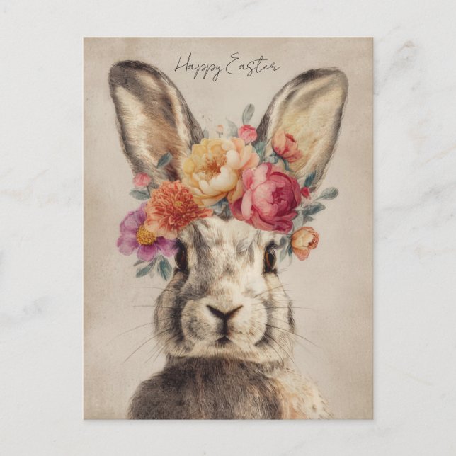 Postale Carte de Pâques avec Fleurs et Lapin de Pâques (Devant)