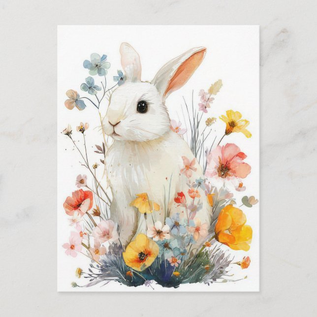 Postale Carte de Pâques avec Fleurs et Lapin de Pâques (Devant)