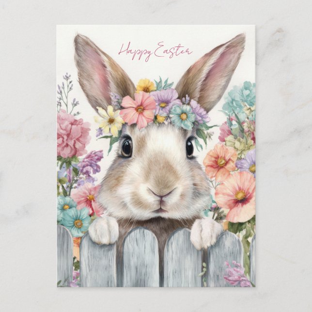 Postale Carte de Pâques avec Fleurs et Lapin de Pâques (Devant)