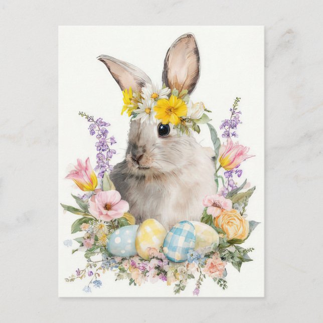 Postale Carte de Pâques avec fleurs et lapin de Pâques (Devant)