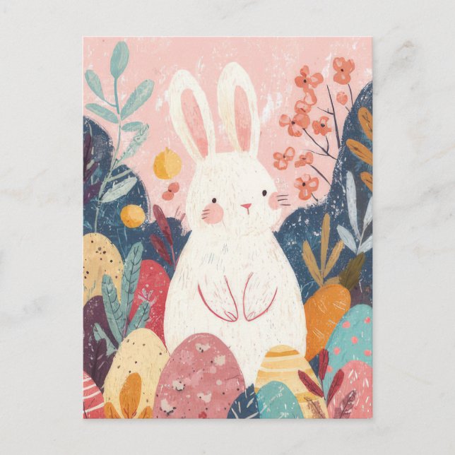 Postale Carte de Pâques avec Fleurs et Lapin de Pâques (Devant)