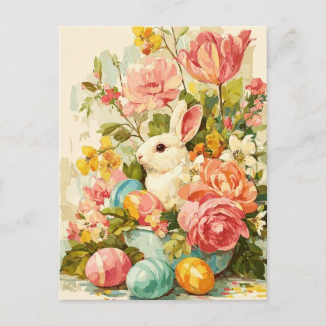 Postale Carte de Pâques avec fleurs et lapin de Pâques (Devant)