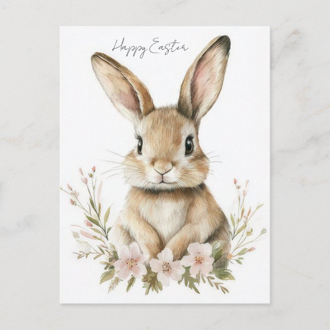Postale Carte de Pâques avec Fleurs et Lapin de Pâques (Devant)