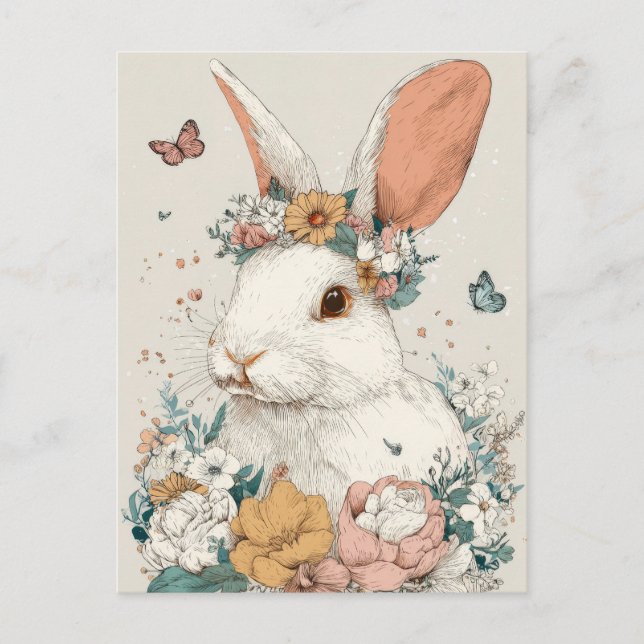 Postale Carte de Pâques avec fleurs et lapin de Pâques (Devant)