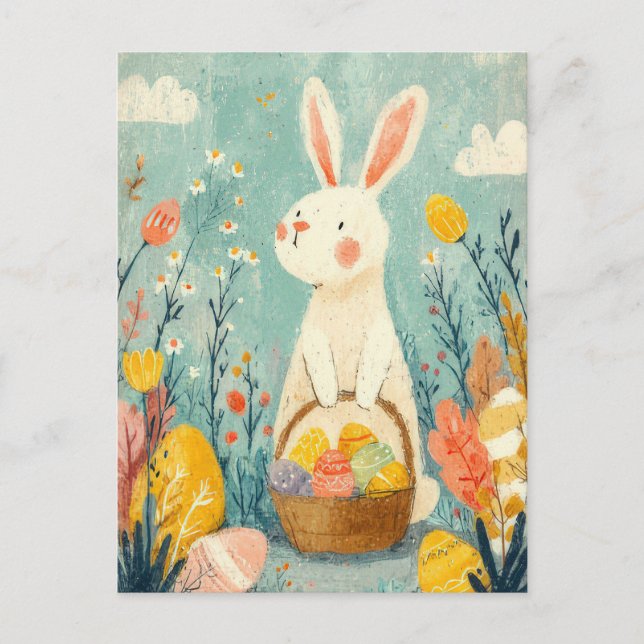 Postale Carte de Pâques avec fleurs et lapin de Pâques (Devant)