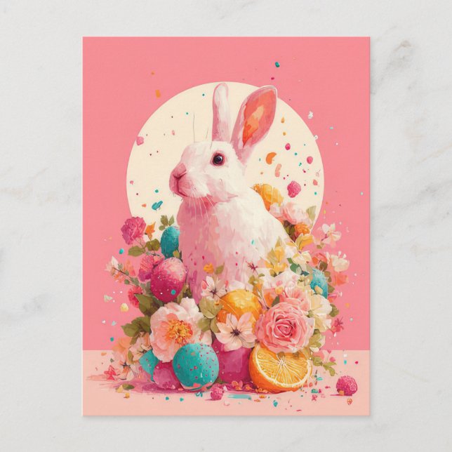 Postale Carte de Pâques avec fleurs et lapin de Pâques (Devant)