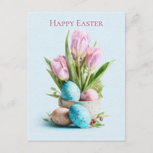 Postale Carte de Pâques avec Fleurs et Œufs de Pâques
