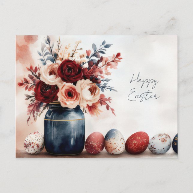 Postale Carte de Pâques avec œufs de Pâques et fleurs (Devant)