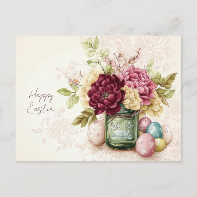Postale Carte de Pâques avec œufs de Pâques et fleurs (Devant)