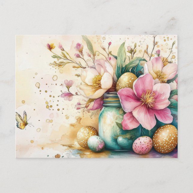 Postale Carte de Pâques avec œufs de Pâques et fleurs (Devant)