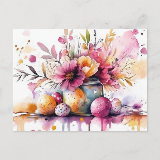 Postale Carte de Pâques avec œufs de Pâques et fleurs (Devant)