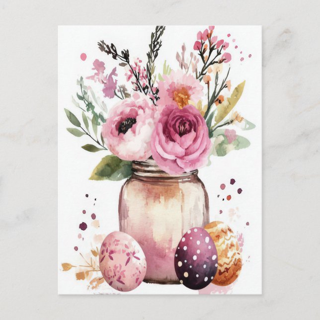 Postale Carte de Pâques avec œufs de Pâques et fleurs (Devant)