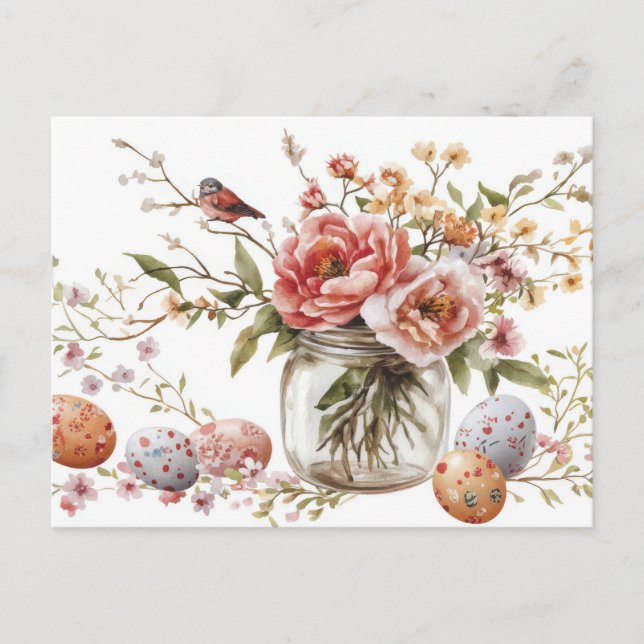 Postale Carte de Pâques avec œufs de Pâques et fleurs (Devant)