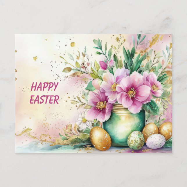 Postale Carte de Pâques avec œufs de Pâques et fleurs (Devant)