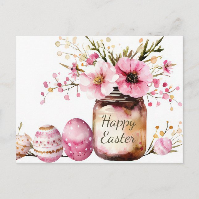 Postale Carte de Pâques avec œufs de Pâques et fleurs (Devant)