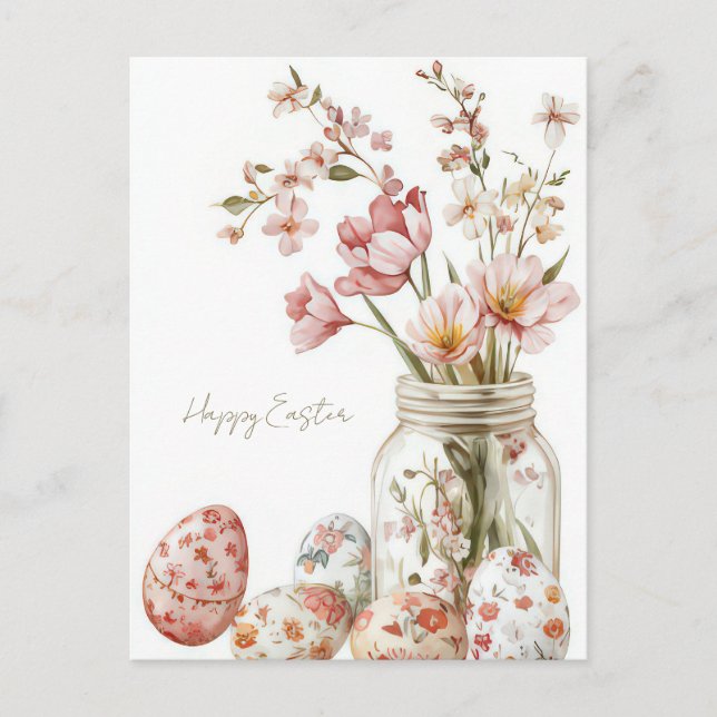 Postale Carte de Pâques avec œufs de Pâques et fleurs (Devant)