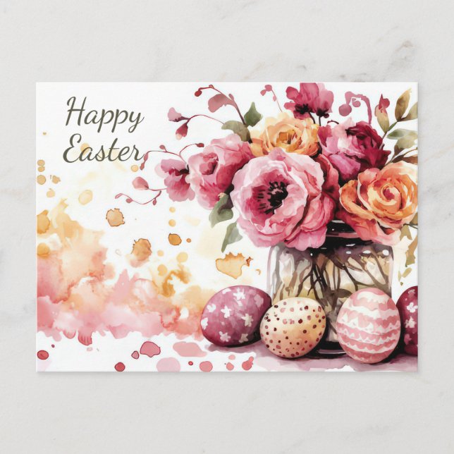 Postale Carte de Pâques avec œufs de Pâques et fleurs (Devant)