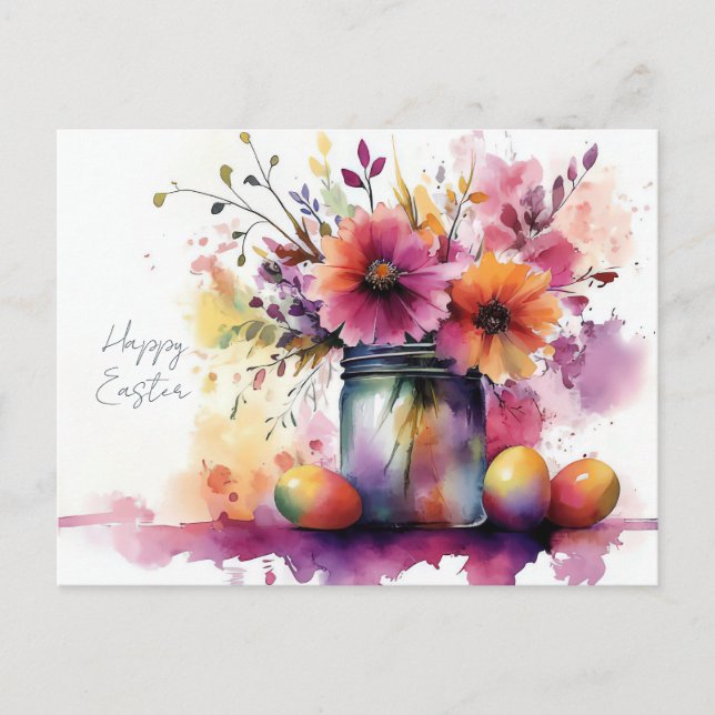 Postale Carte de Pâques avec œufs de Pâques et fleurs (Devant)