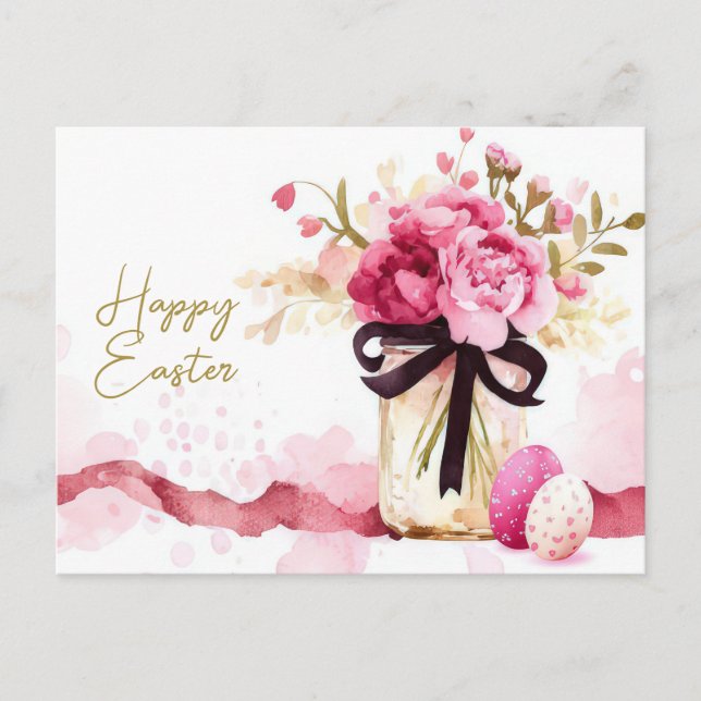 Postale Carte de Pâques avec œufs de Pâques et fleurs (Devant)