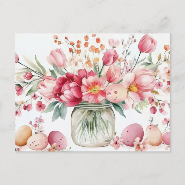 Postale Carte de Pâques avec œufs de Pâques et fleurs (Devant)