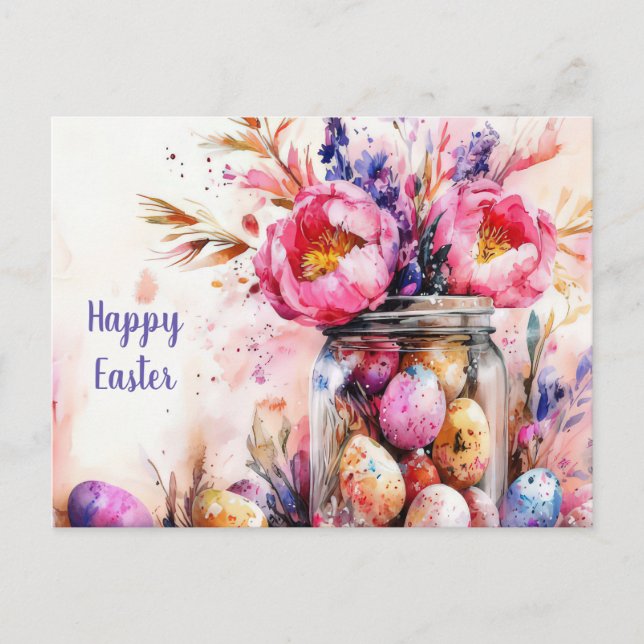 Postale Carte de Pâques avec œufs de Pâques et fleurs (Devant)