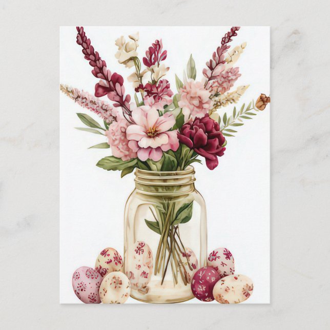 Postale Carte de Pâques avec œufs de Pâques et fleurs (Devant)