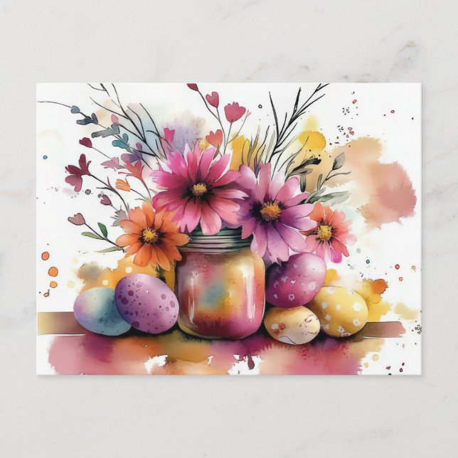 Postale Carte de Pâques avec œufs de Pâques et fleurs (Devant)