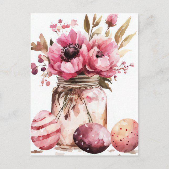 Postale Carte de Pâques avec œufs de Pâques et fleurs (Devant)