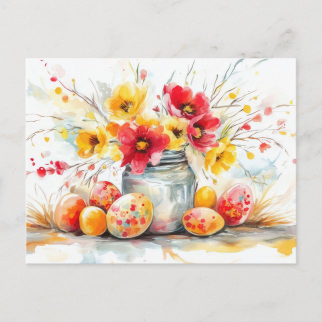 Postale Carte de Pâques avec œufs de Pâques et fleurs (Devant)