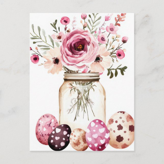 Postale Carte de Pâques avec œufs de Pâques et fleurs (Devant)