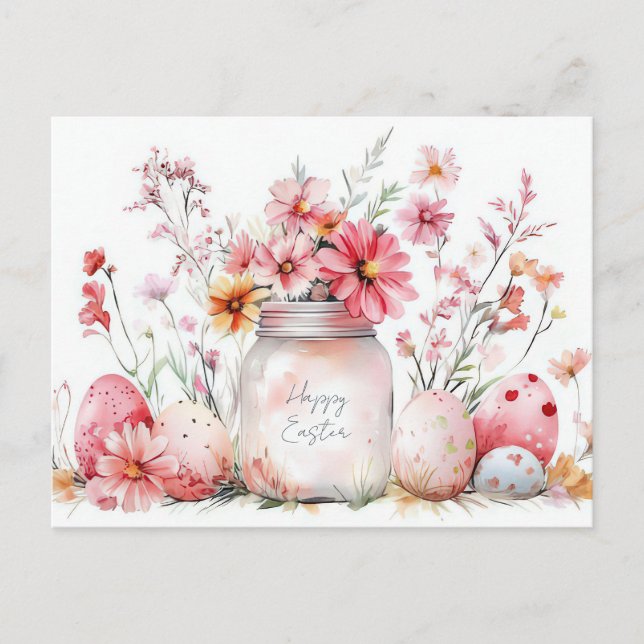 Postale Carte de Pâques avec œufs de Pâques et fleurs (Devant)