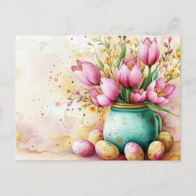 Postale Carte de Pâques avec œufs de Pâques et fleurs (Devant)