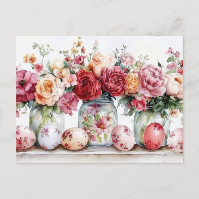 Postale Carte de Pâques avec œufs de Pâques et fleurs (Devant)